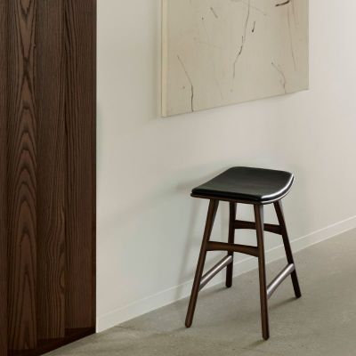 TABOURET OSSO80 CM TECK BRUN CUIR NOIR FINITION VERNIS 2