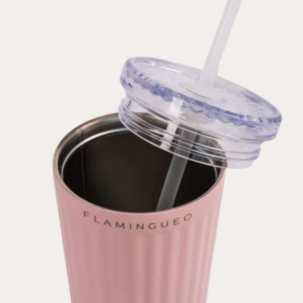 GRANDE CUP ISOTHERME AVEC PAILLE ROSE