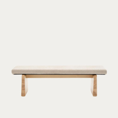 BANC TOPAZ 150 CM CHENILLE BEIGE ET FINITION BOIS 2