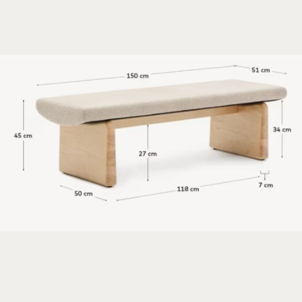 BANC TOPAZ 150 CM CHENILLE BEIGE ET FINITION BOIS